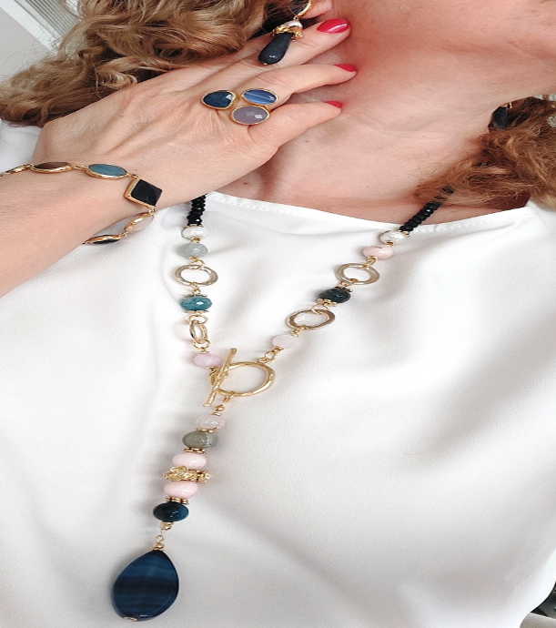 Jewelry Set Necklace Earrings Ring Bracelet Handmade Gemstones Blue Agate Pendant Pink Quartz Pearl 4 pieces Great Gift for Woman