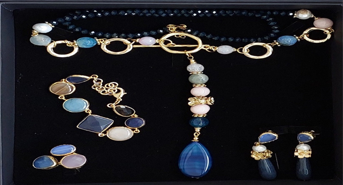 Jewelry Set Necklace Earrings Ring Bracelet Handmade Gemstones Blue Agate Pendant Pink Quartz Pearl 4 pieces Great Gift for Woman
