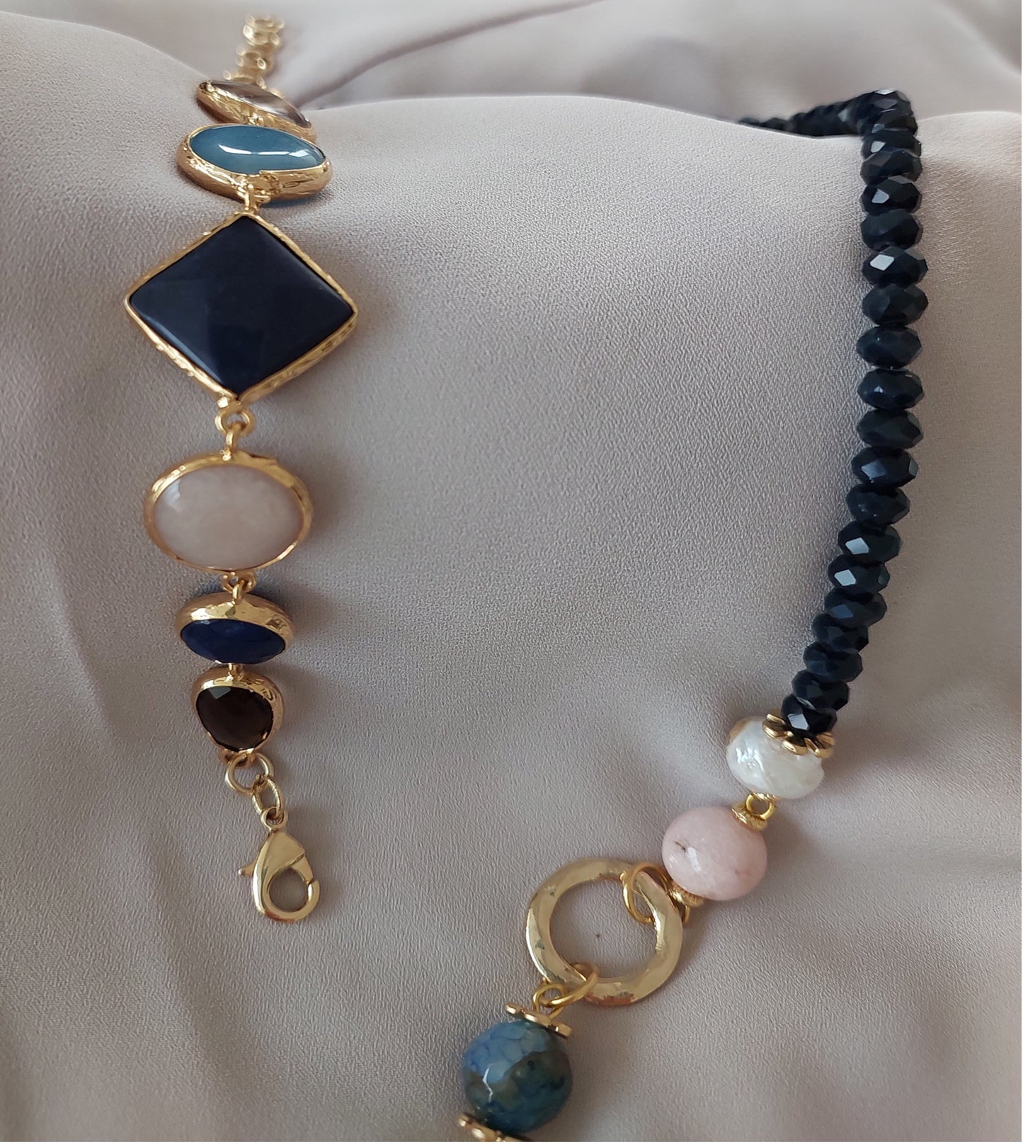 Jewelry Set Necklace Earrings Ring Bracelet Handmade Gemstones Blue Agate Pendant Pink Quartz Pearl 4 pieces Great Gift for Woman