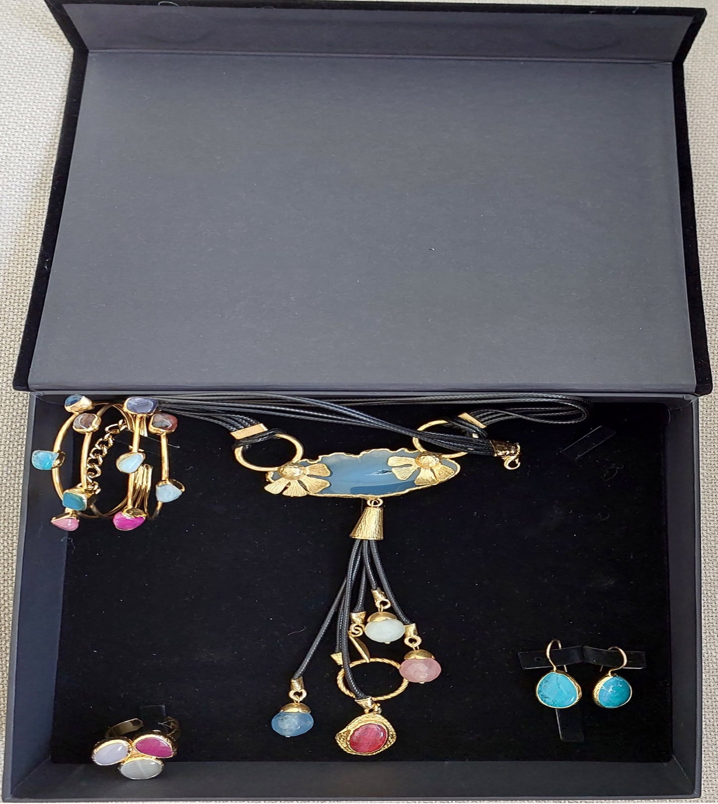 Jewelry Set Necklace Earrings Ring Bracelet Handmade Gemstones Blue Agate with Turquoise and Multicolor Stones Great Gift for Woman 4 pieces