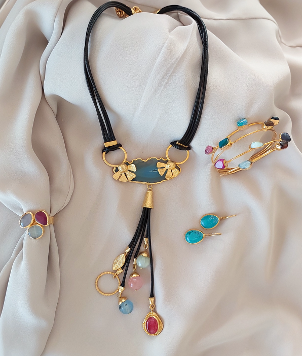 Jewelry Set Necklace Earrings Ring Bracelet Handmade Gemstones Blue Agate with Turquoise and Multicolor Stones Great Gift for Woman 4 pieces