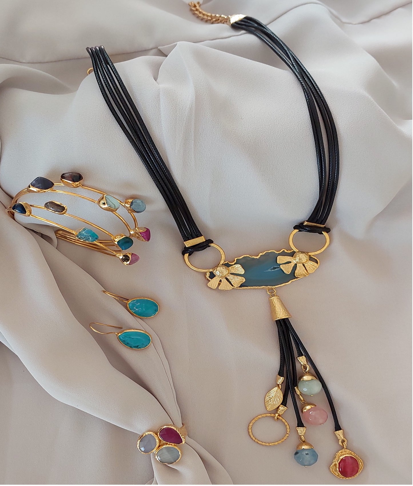 Jewelry Set Necklace Earrings Ring Bracelet Handmade Gemstones Blue Agate with Turquoise and Multicolor Stones Great Gift for Woman 4 pieces