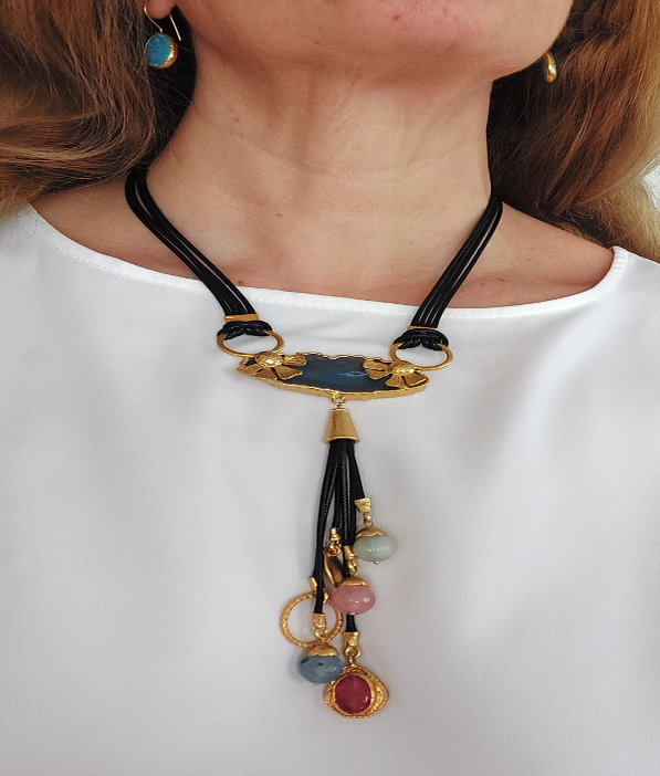 Jewelry Set Necklace Earrings Ring Bracelet Handmade Gemstones Blue Agate with Turquoise and Multicolor Stones Great Gift for Woman 4 pieces