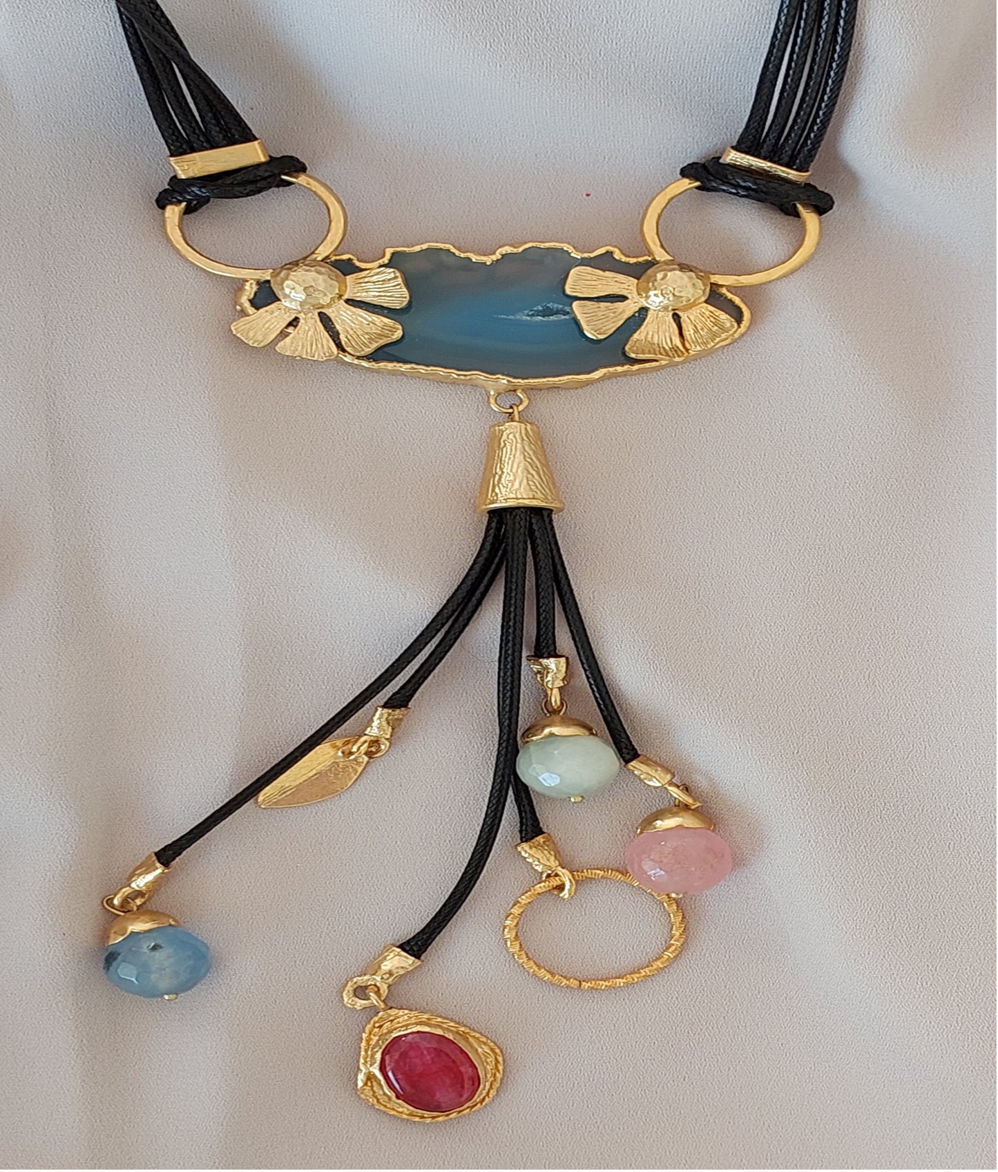 Jewelry Set Necklace Earrings Ring Bracelet Handmade Gemstones Blue Agate with Turquoise and Multicolor Stones Great Gift for Woman 4 pieces