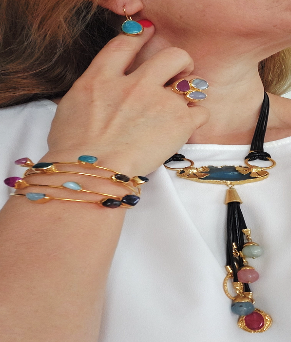 Jewelry Set Necklace Earrings Ring Bracelet Handmade Gemstones Blue Agate with Turquoise and Multicolor Stones Great Gift for Woman 4 pieces