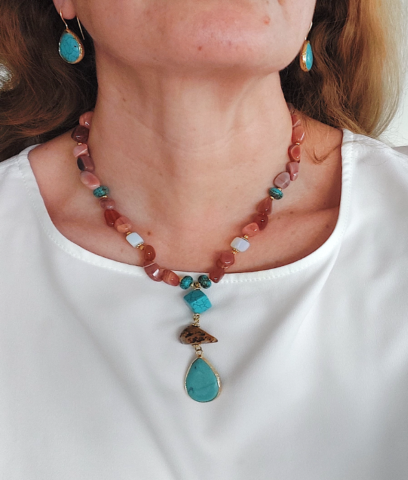 Jewelry Set Necklace Earrings Ring Bracelet 4 pieces Handmade Gemstones Pink Red Jasper Turquoise Great Gift for Woman