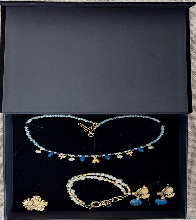 Jewelry Set Necklace Ring Earrings Bracelet handmade Gemstones Blue Lace Agate Larimar Pearl Blue Quartz 4 pieces Great Gift for Woman