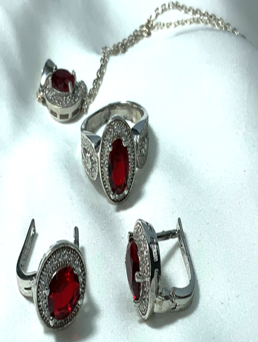 Jewelry Set Ruby Necklace Ring Earrings Silver S925 Red Color Zircon