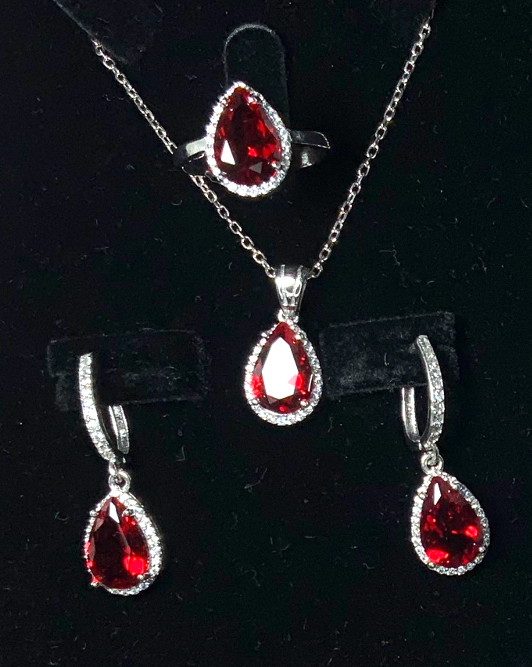 Jewelry Set Ruby Pear Necklace Ring Earrings Silver S925 Zircon Red Color