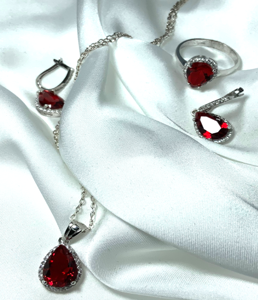 Jewelry Set Ruby Pear Necklace Ring Earrings Silver S925 Zircon Red Color