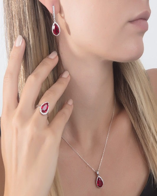Jewelry Set Ruby Pear Necklace Ring Earrings Silver S925 Zircon Red Color