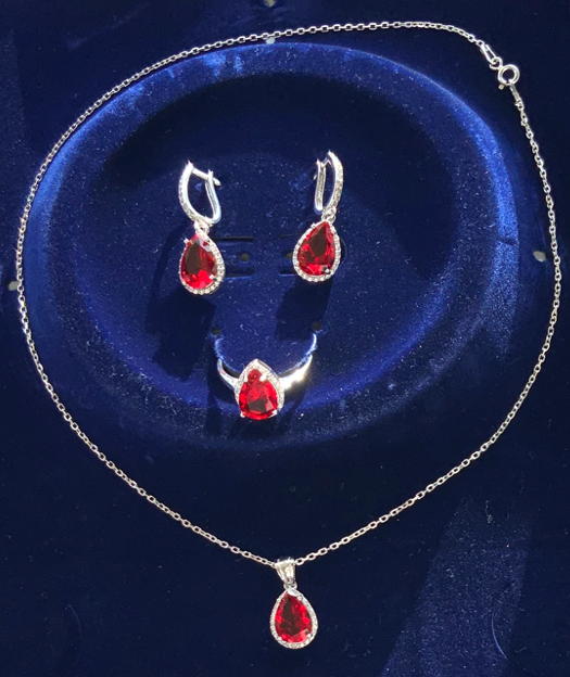 Jewelry Set Ruby Pear Necklace Ring Earrings Silver S925 Zircon Red Color