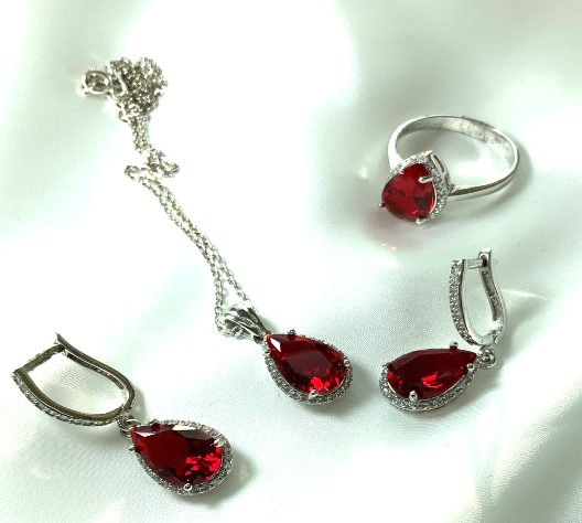 Jewelry Set Ruby Pear Necklace Ring Earrings Silver S925 Zircon Red Color