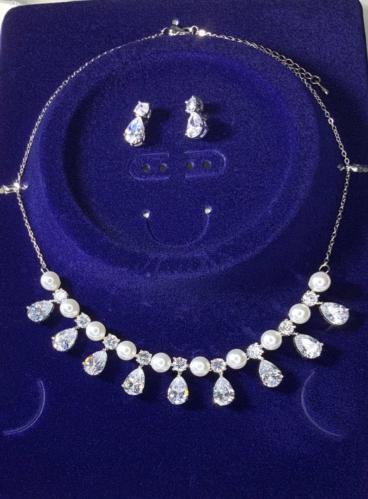 Jewelry Set Wedding Pearl Necklace Earrings White Gold Color Zirconia