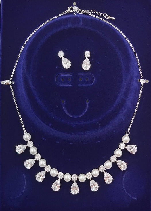 Jewelry Set Wedding Pearl Necklace Earrings White Gold Color Zirconia