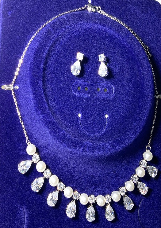 Jewelry Set Wedding Pearl Necklace Earrings White Gold Color Zirconia