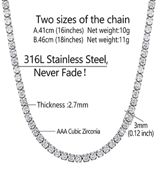 Necklace 3mm Tennis Diamond Zirconia yellow Gold Color