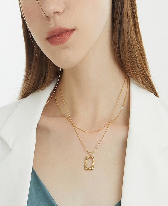 Necklace Pendant Square Double layered Stainless Steel 2 pieces Set Gold Color