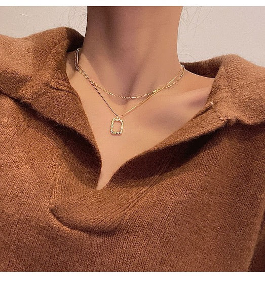 Necklace Pendant Square Double layered Stainless Steel 2 pieces Set Gold Color