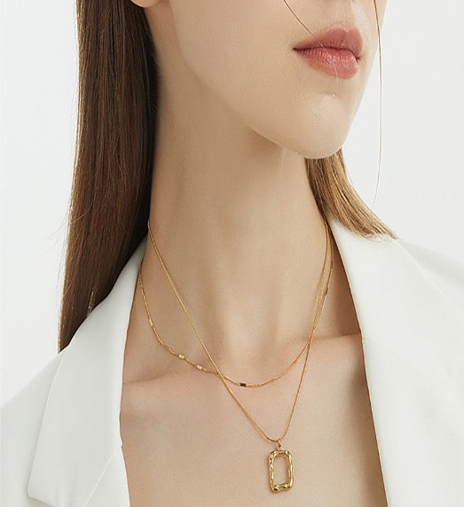 Necklace Pendant Square Double layered Stainless Steel 2 pieces Set Gold Color