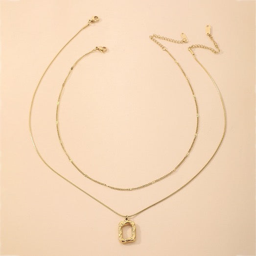 Necklace Pendant Square Double layered Stainless Steel 2 pieces Set Gold Color