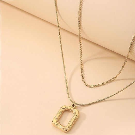 Necklace Pendant Square Double layered Stainless Steel 2 pieces Set Gold Color