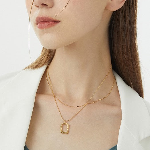 Necklace Pendant Square Double layered Stainless Steel 2 pieces Set Gold Color