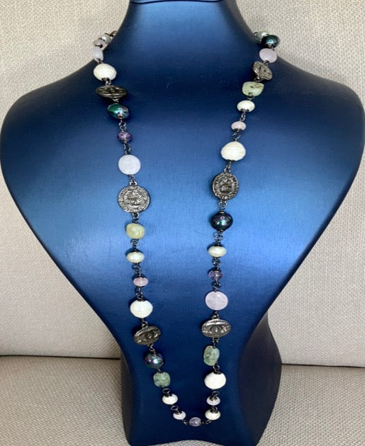 Sautoir Rare Preloved Necklace Gemstones Pearl Quartz Great Gift for Woman