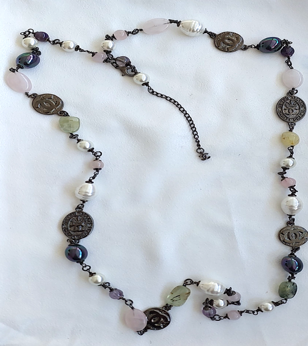 Sautoir Rare Preloved Necklace Gemstones Pearl Quartz Great Gift for Woman