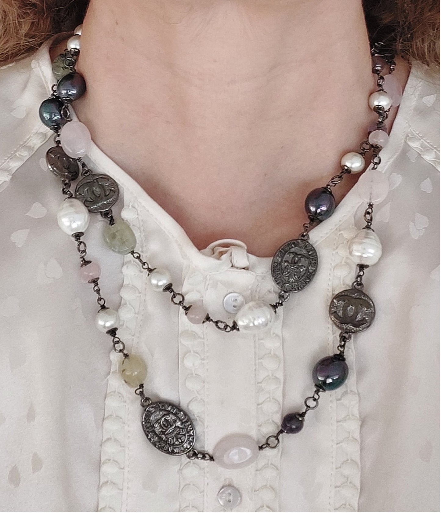Sautoir Rare Preloved Necklace Gemstones Pearl Quartz Great Gift for Woman