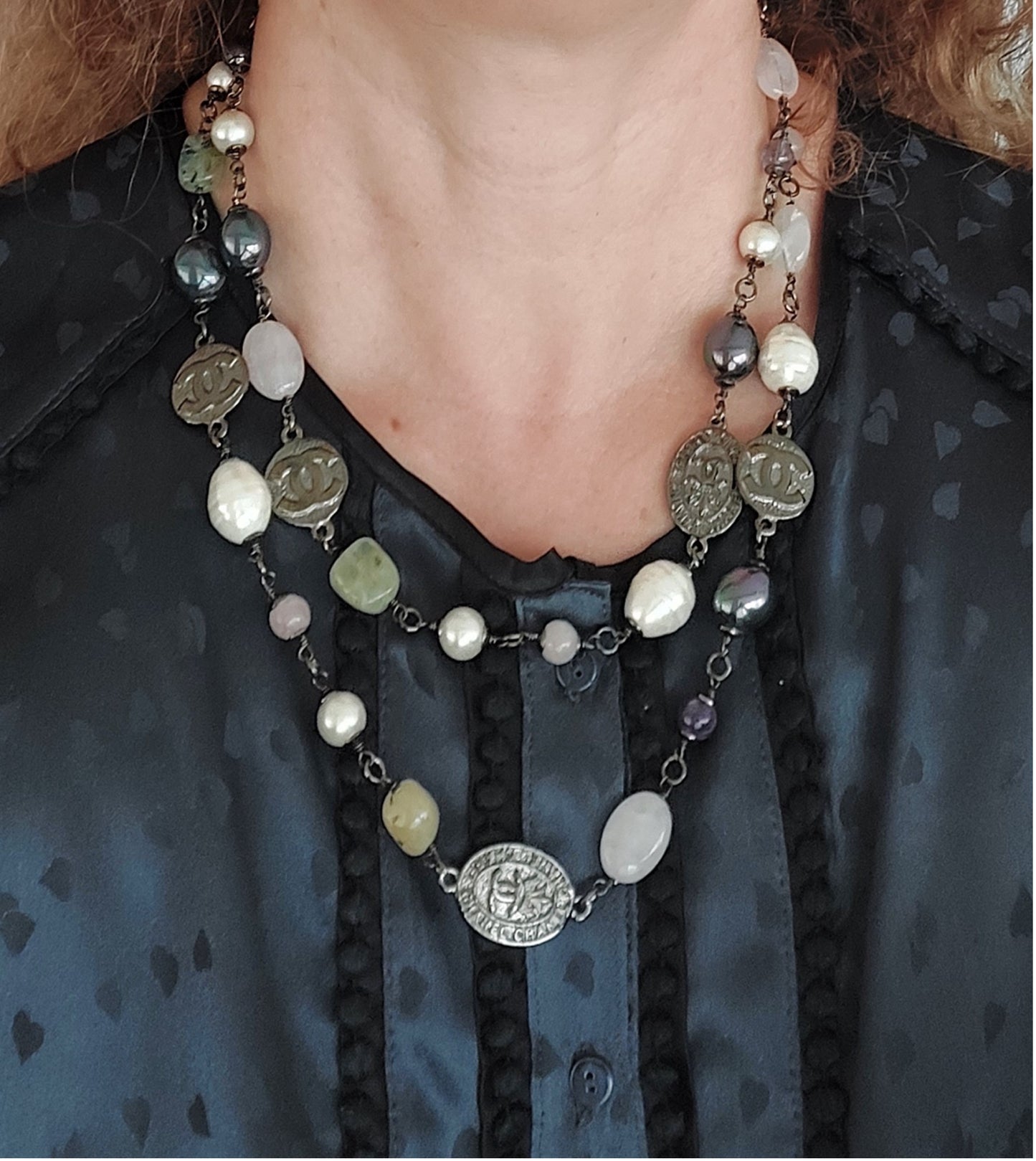 Sautoir Rare Preloved Necklace Gemstones Pearl Quartz Great Gift for Woman