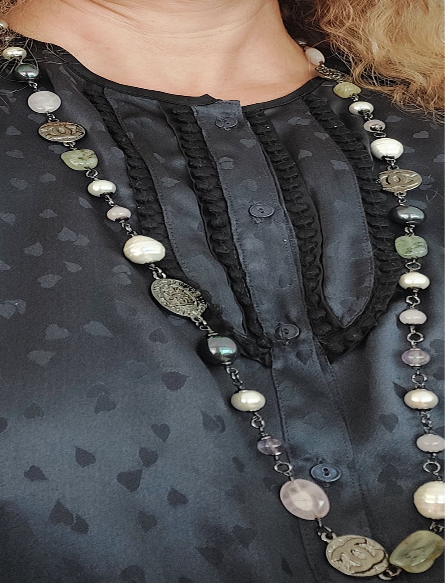Sautoir Rare Preloved Necklace Gemstones Pearl Quartz Great Gift for Woman
