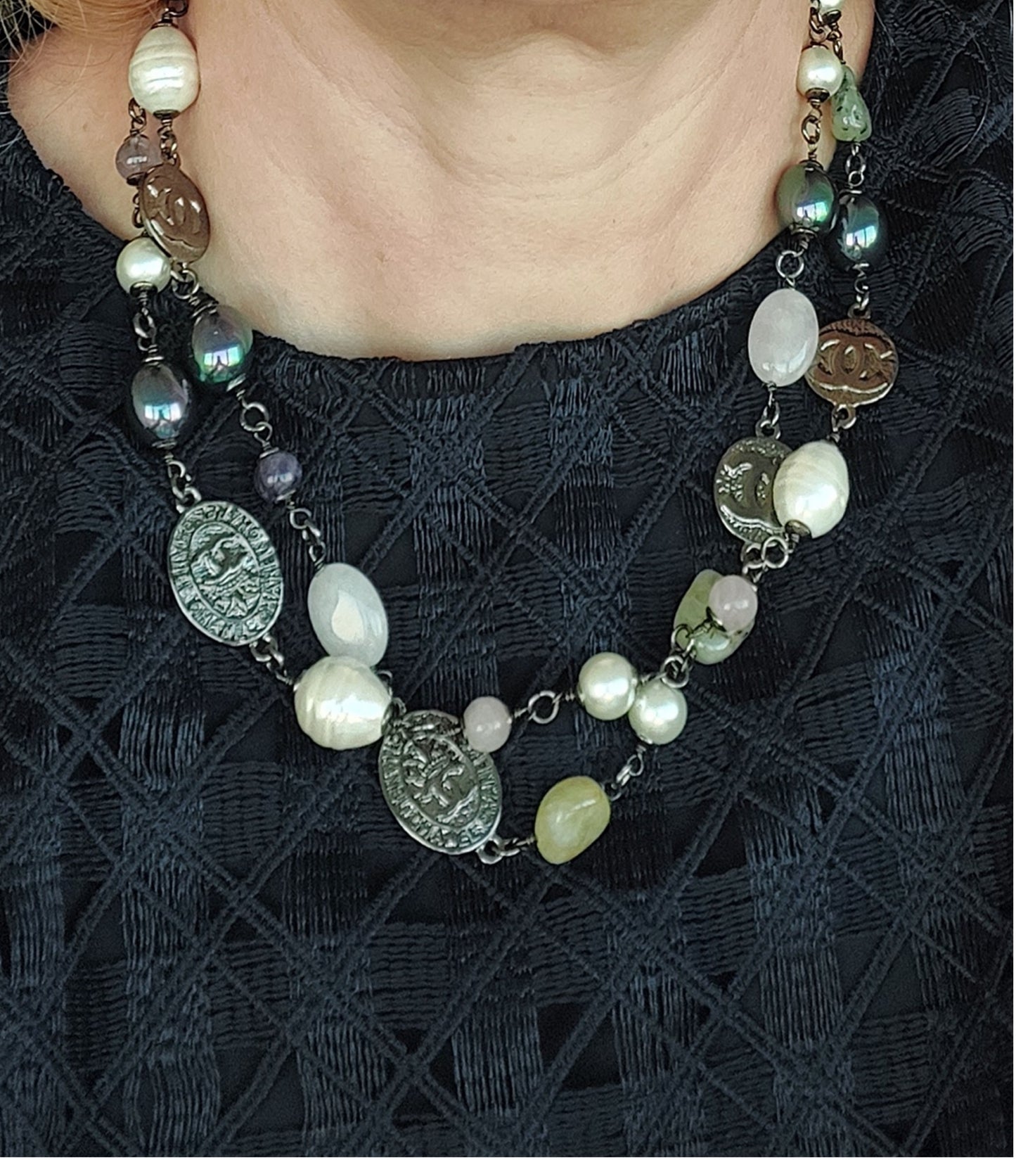 Sautoir Rare Preloved Necklace Gemstones Pearl Quartz Great Gift for Woman