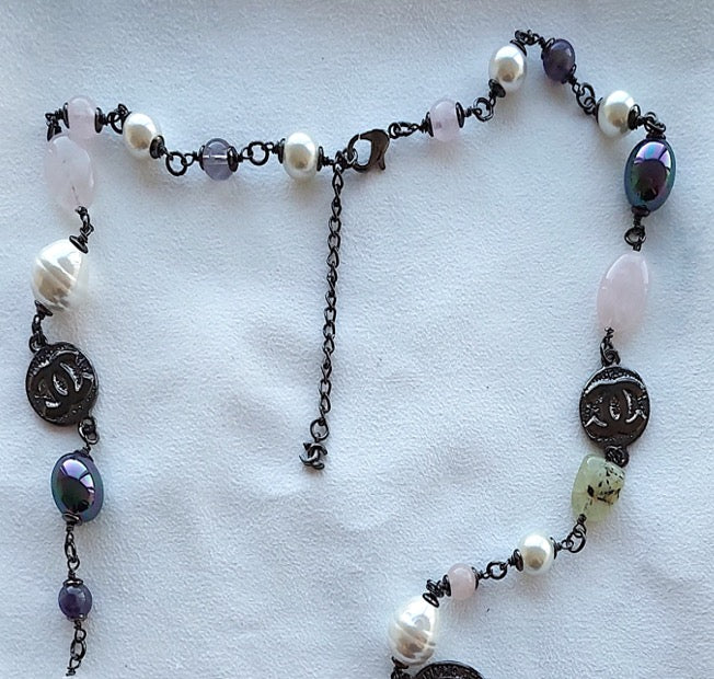 Sautoir Rare Preloved Necklace Gemstones Pearl Quartz Great Gift for Woman