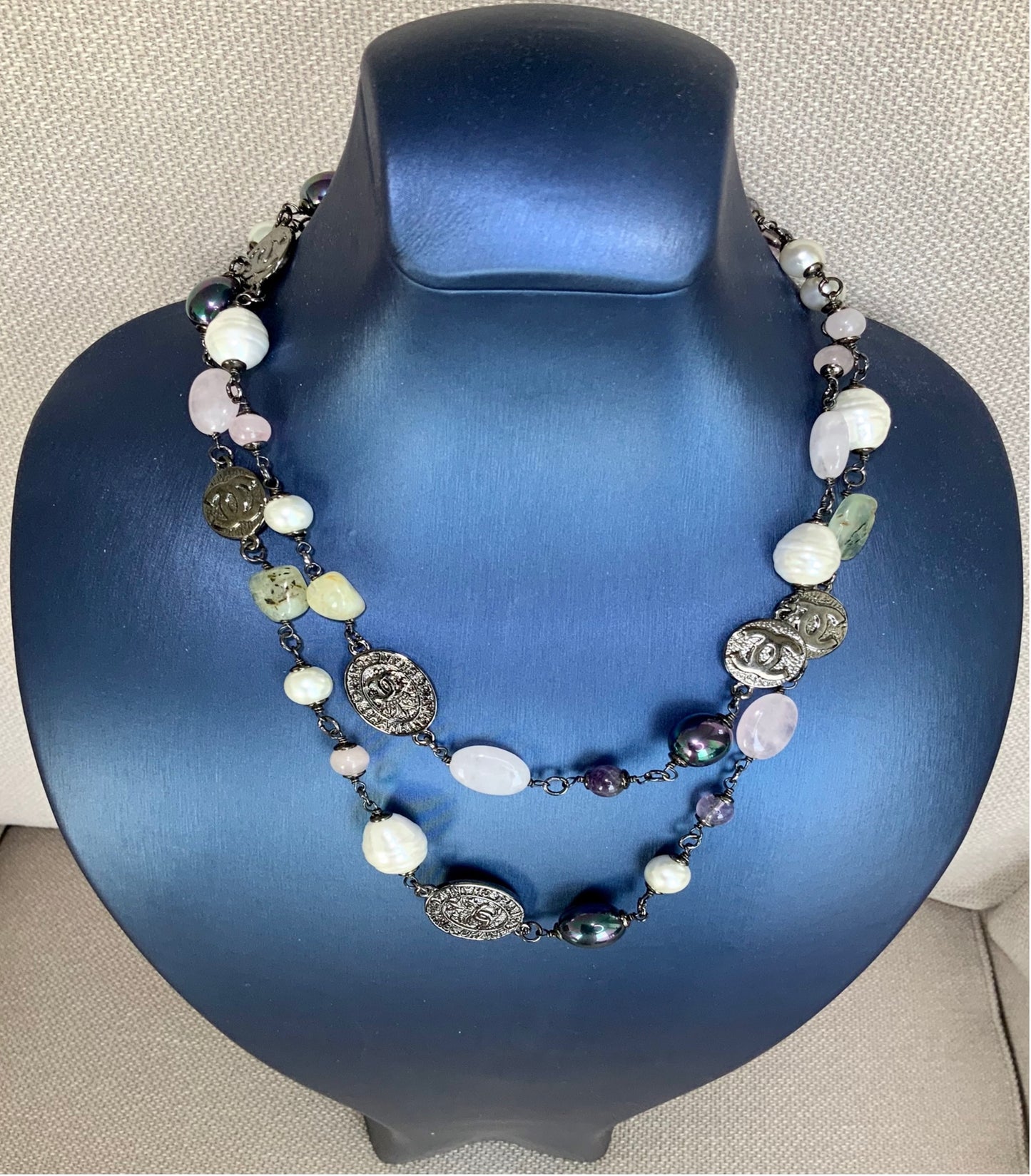 Sautoir Rare Preloved Necklace Gemstones Pearl Quartz Great Gift for Woman