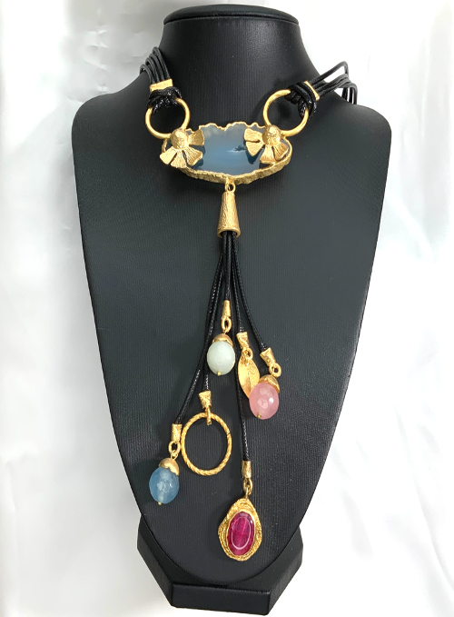 Jewelry Set Necklace Earrings Ring Bracelet Handmade Gemstones Blue Agate with Turquoise and Multicolor Stones Great Gift for Woman 4 pieces