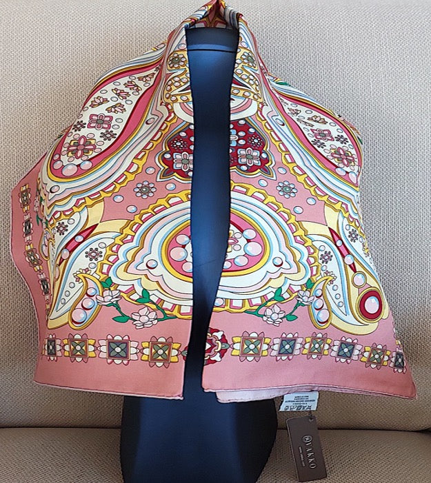 Woman 100% Silk Scarf Geometric design Pink and Yellow Hand rolled edges Designer Style Great Gift for Her in a box