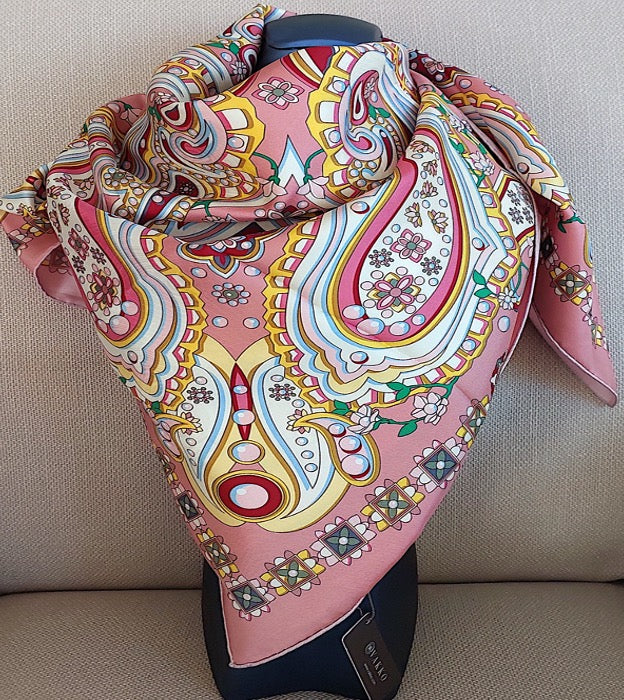 Woman 100% Silk Scarf Geometric design Pink and Yellow Hand rolled edges Designer Style Great Gift for Her in a box