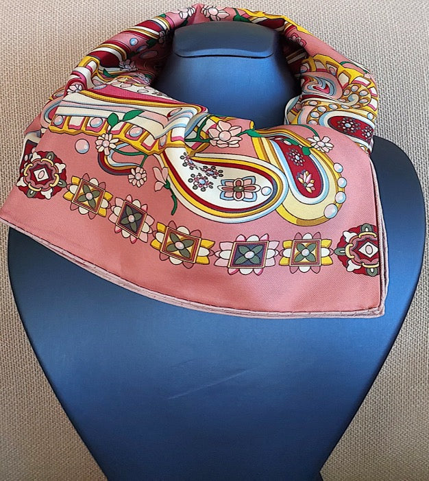 Woman 100% Silk Scarf Geometric design Pink and Yellow Hand rolled edges Designer Style Great Gift for Her in a box
