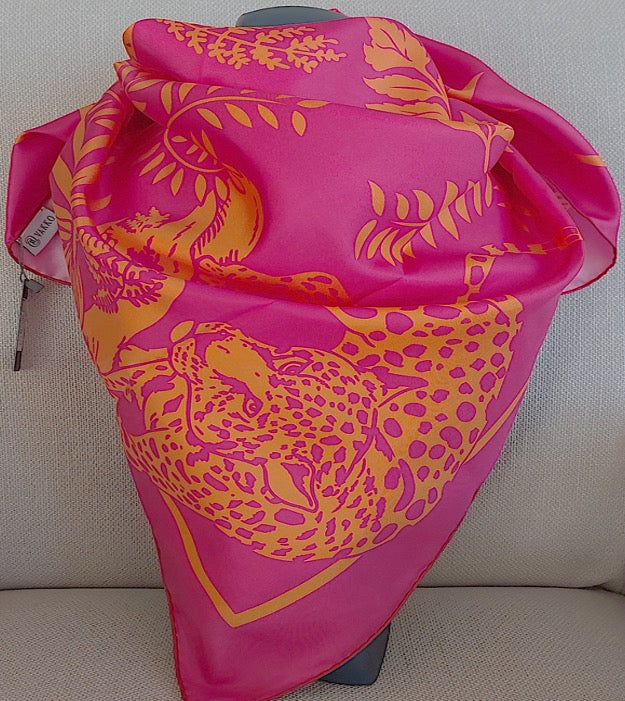 Woman 100% Silk Scarf Leopard design Fuchsia Orange Colours Hand rolled Edges Great Gift for Her in a box