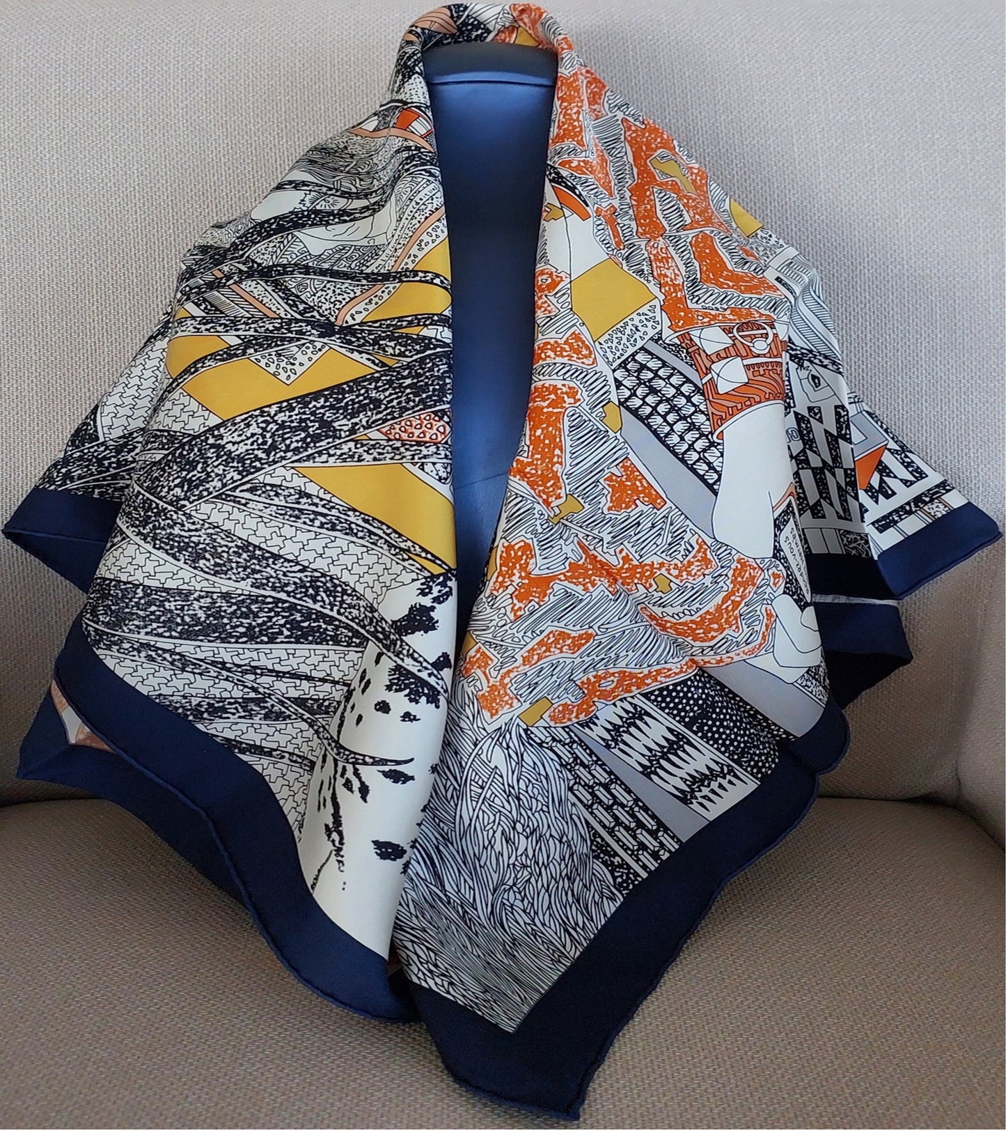 Woman Scarf 100% Silk Pre-loved Pre-Owned Vintage Hermès "Rendez-Vous Chez Hermès" 0range Brown and Blue