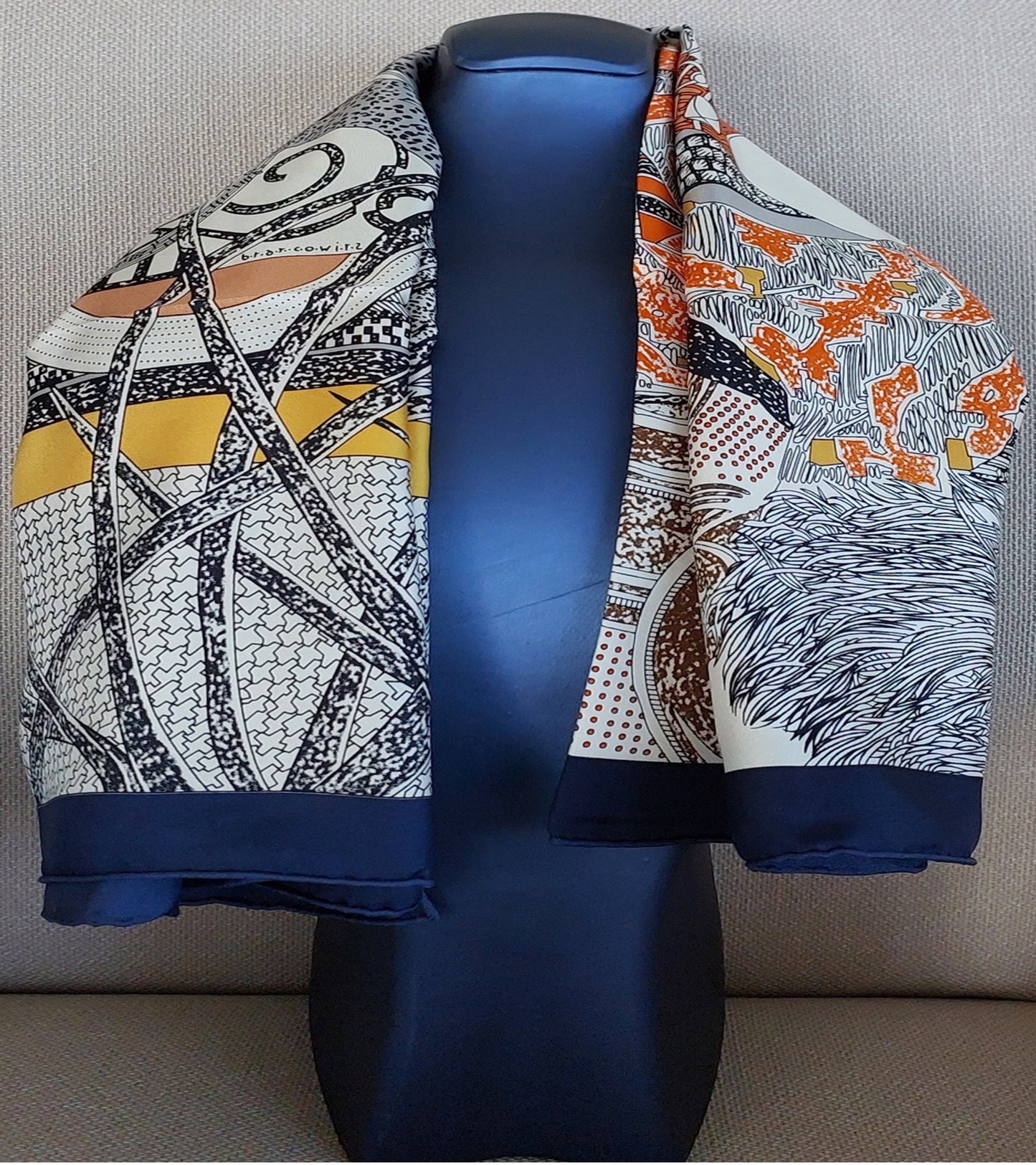 Woman Scarf 100% Silk Pre-loved Pre-Owned Vintage Hermès "Rendez-Vous Chez Hermès" 0range Brown and Blue