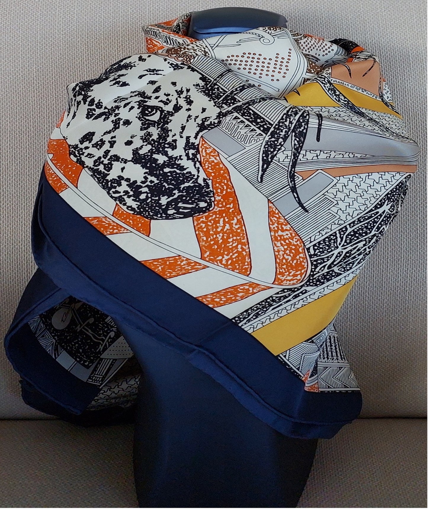 Woman Scarf 100% Silk Pre-loved Pre-Owned Vintage Hermès "Rendez-Vous Chez Hermès" 0range Brown and Blue