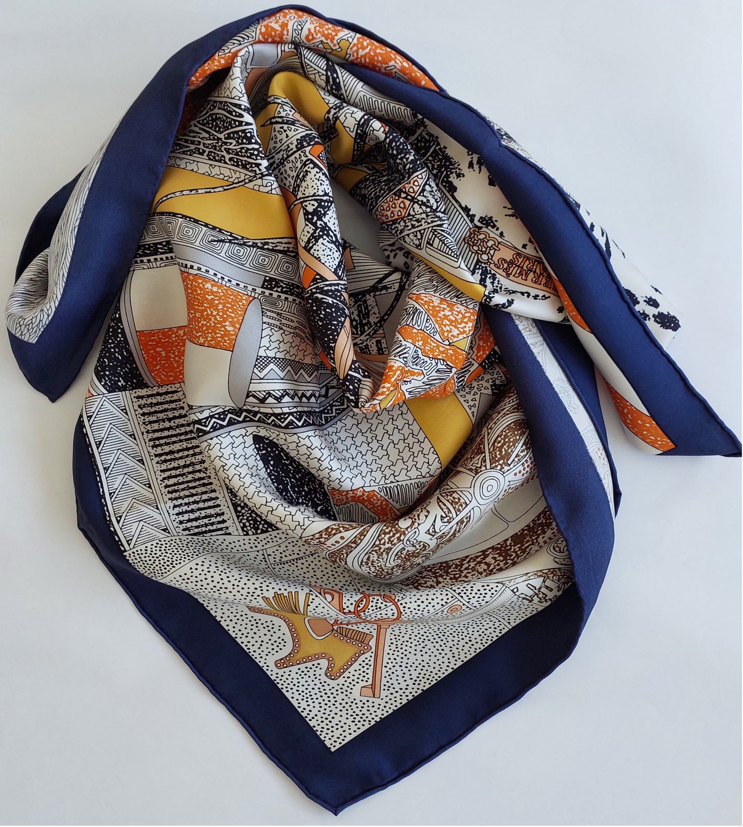 Woman Scarf 100% Silk Pre-loved Pre-Owned Vintage Hermès "Rendez-Vous Chez Hermès" 0range Brown and Blue
