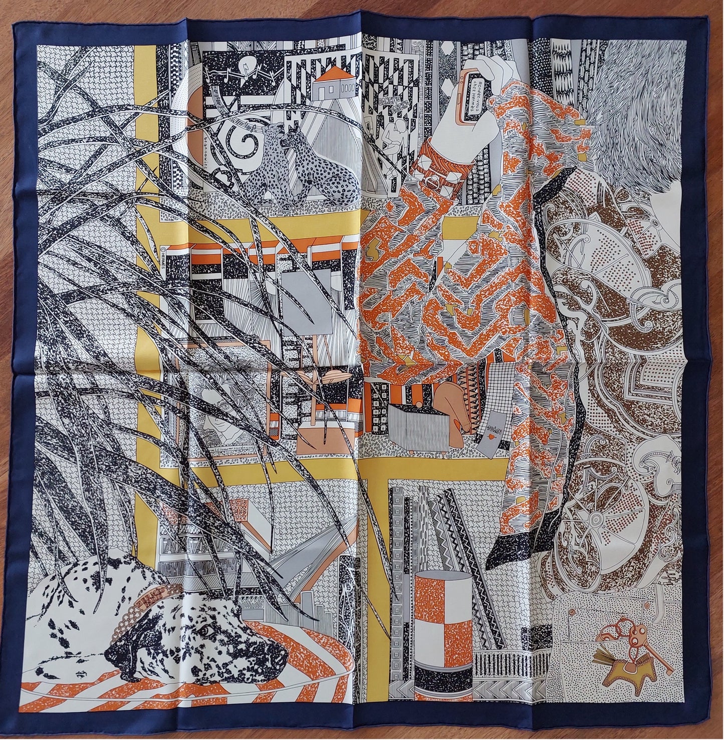 Woman Scarf 100% Silk Pre-loved Pre-Owned Vintage Hermès "Rendez-Vous Chez Hermès" 0range Brown and Blue