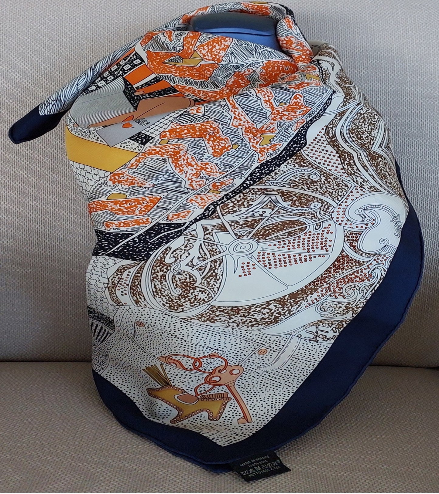 Woman Scarf 100% Silk Pre-loved Pre-Owned Vintage Hermès "Rendez-Vous Chez Hermès" 0range Brown and Blue