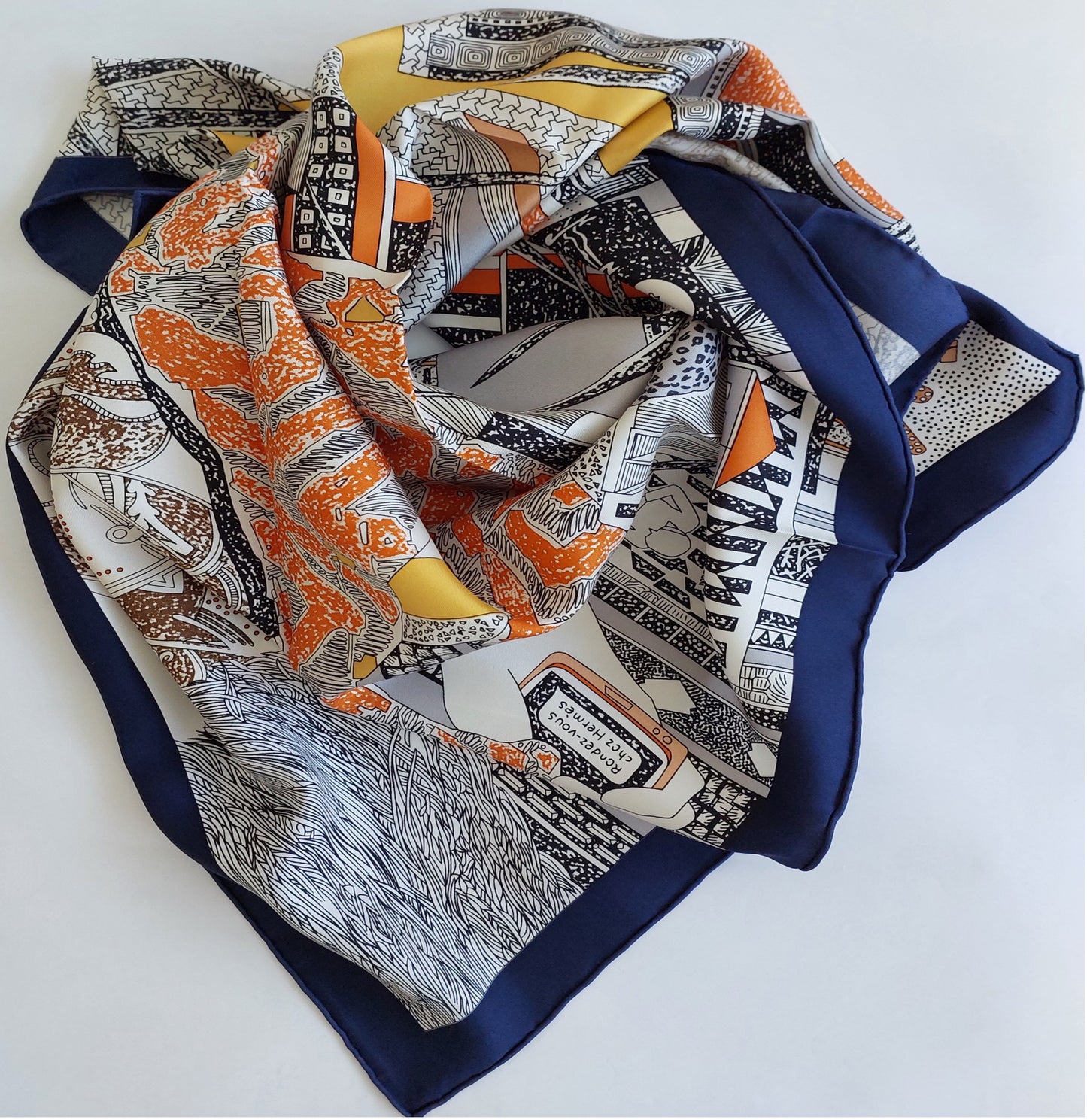 Woman Scarf 100% Silk Pre-loved Pre-Owned Vintage Hermès "Rendez-Vous Chez Hermès" 0range Brown and Blue
