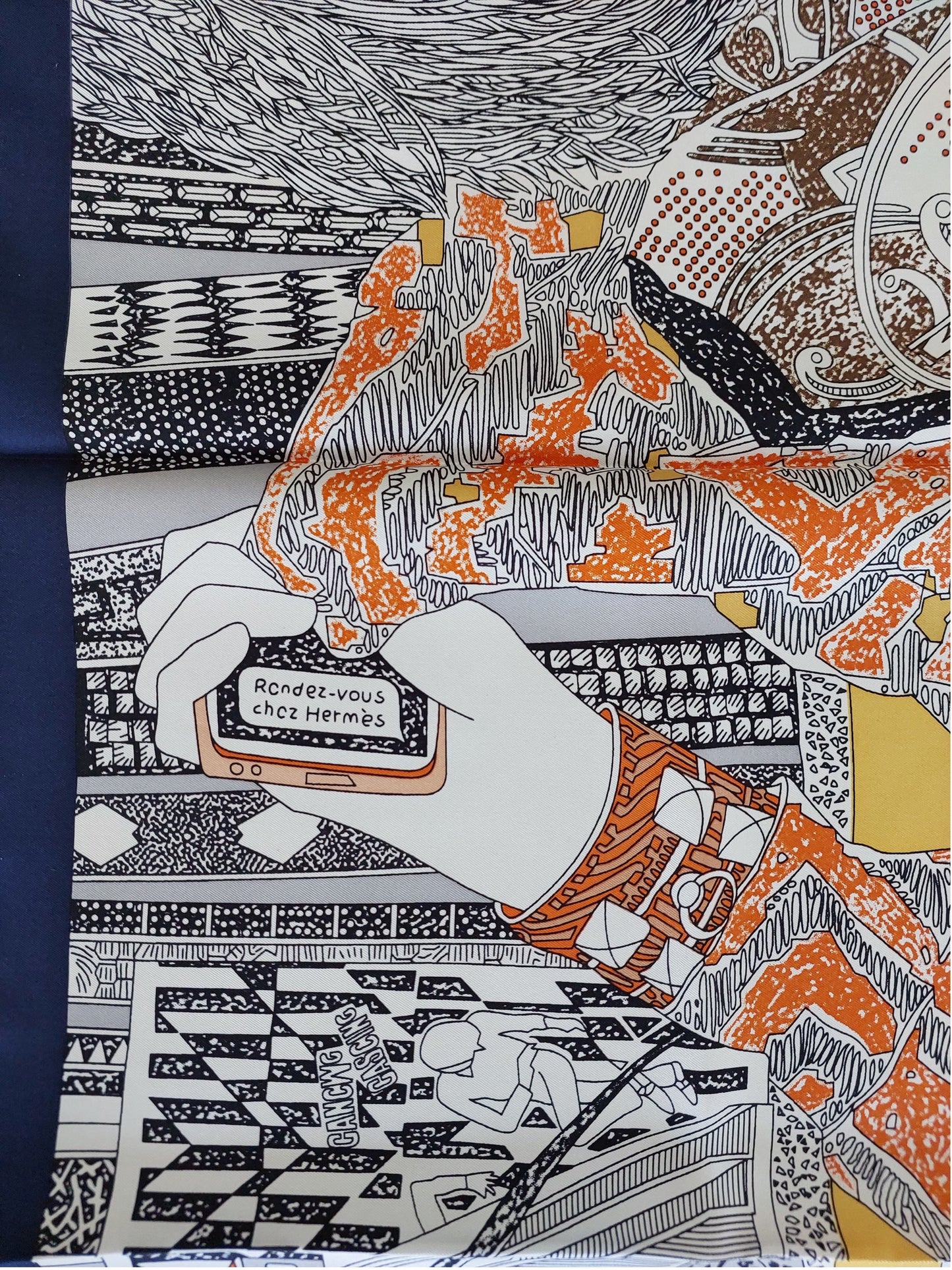 Woman Scarf 100% Silk Pre-loved Pre-Owned Vintage Hermès "Rendez-Vous Chez Hermès" 0range Brown and Blue