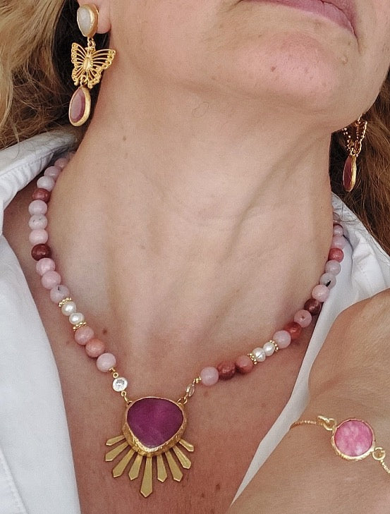 Jewelry Set Necklace Earrings Bracelet 3 pieces Handmade Gemstones Rose Quartz Rhodochrosite Love Gift