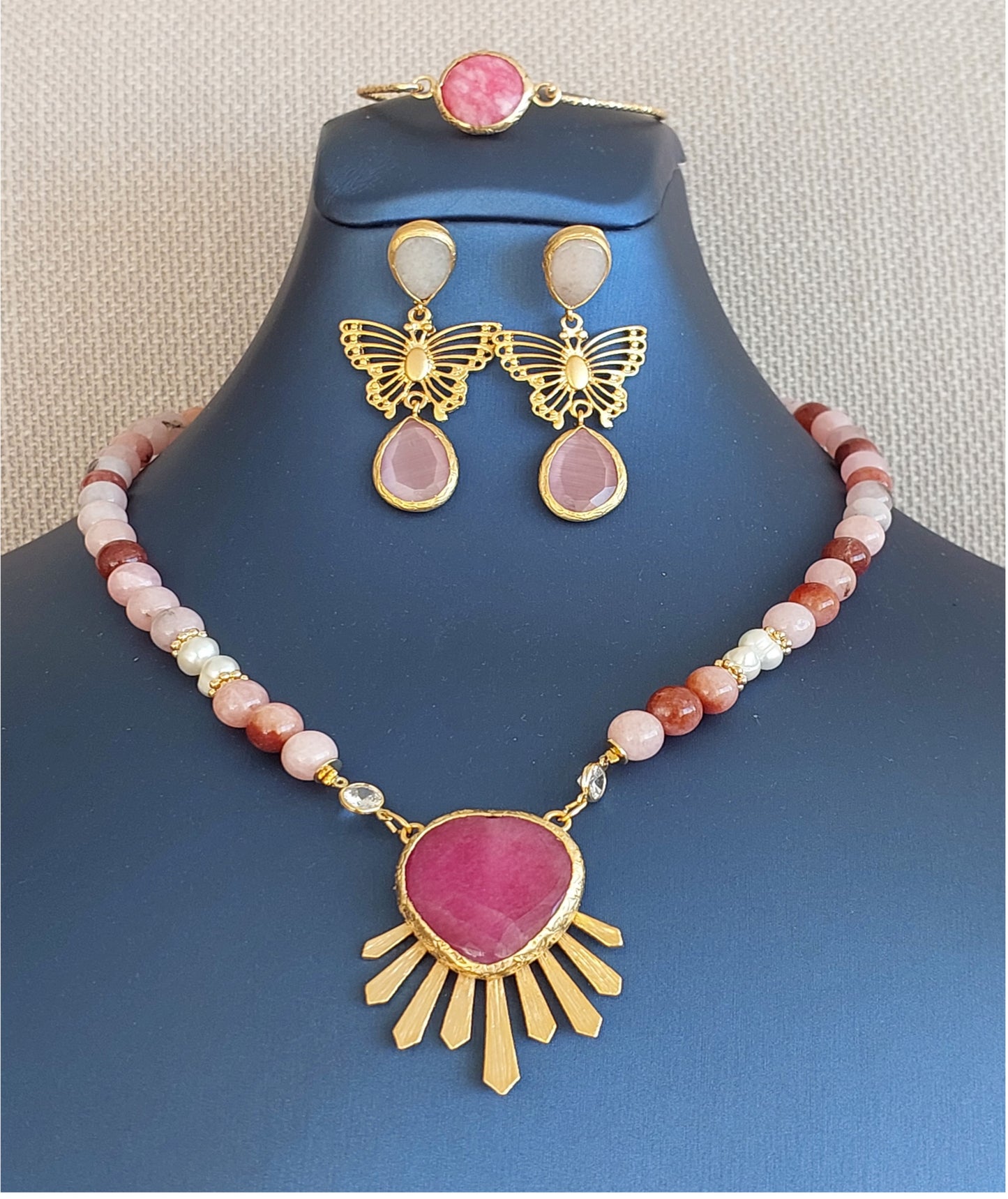 Jewelry Set Necklace Earrings Bracelet 3 pieces Handmade Gemstones Rose Quartz Rhodochrosite Love Gift